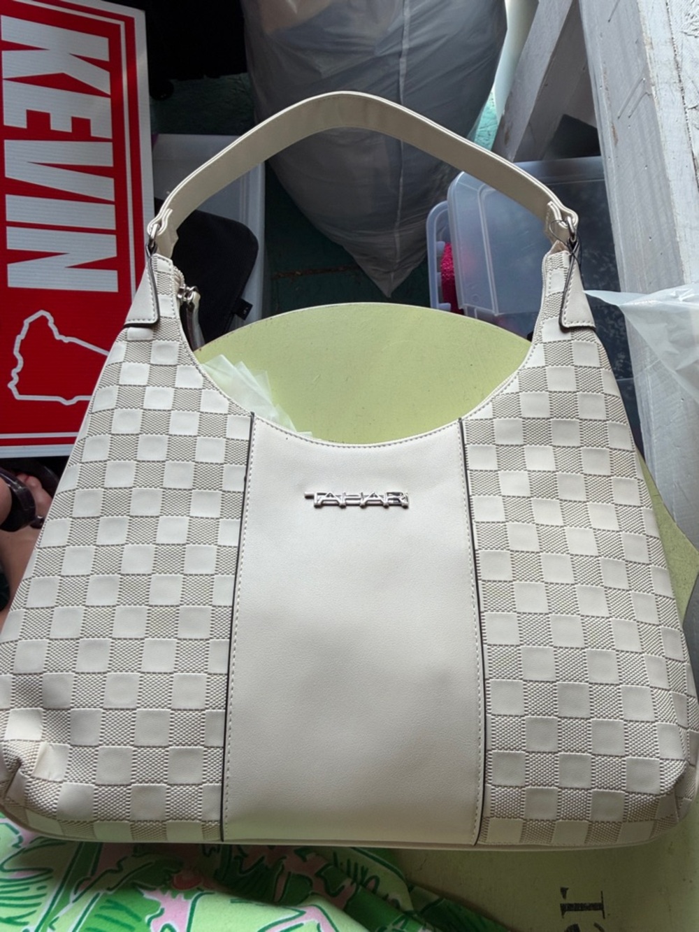 Tahari Cream Textured Checker Hobo Shoulder Bag